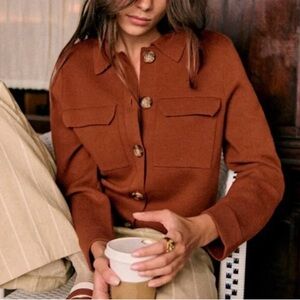 Sezane NWT Betty Cardigan in Hazelnut Brown Long Sleeve Collar Wool Size Medium